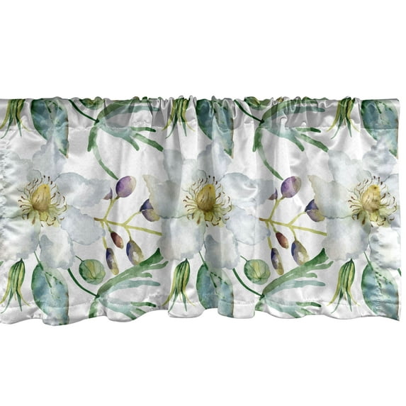 Floral Window Valance, Watercolor Style Clematis and Lupine Flowers with Leaves on Plain Back, Curtain Valance for Kitchen Bedroom with Rod Pocket, 54" X 18", Plum White Laurel Green, by Ambesonne