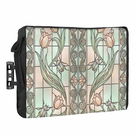 Floral Window Waterproof Outdoor TV Cover, Retro Pink Floral Leaf Beetles Stained Glass Outside Weatherproof TV Enclosures for 30 to 32 Inch LCD Television Shield Flat Screen Protectors