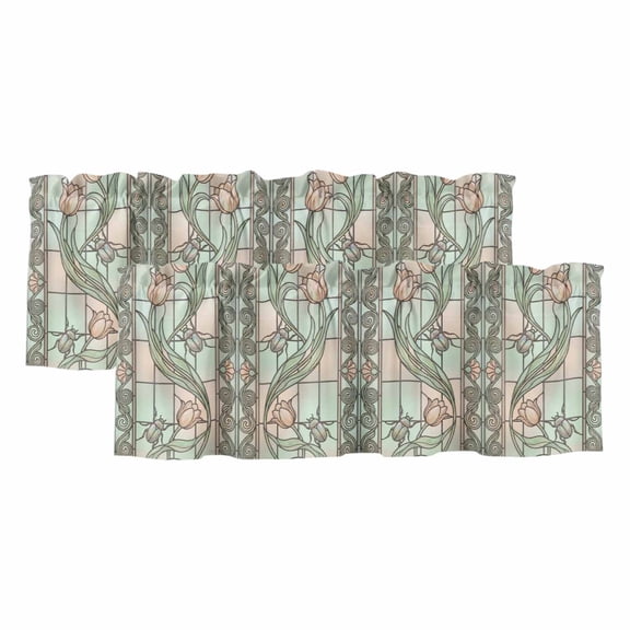 Floral Window Window Valance, Retro Pink Floral Leaf Beetles Stained Glass 2 Pack Decorative Curtain for Small Windows, Light Filtering Valance with 3” Rod Pocket, 42"W x 12"L