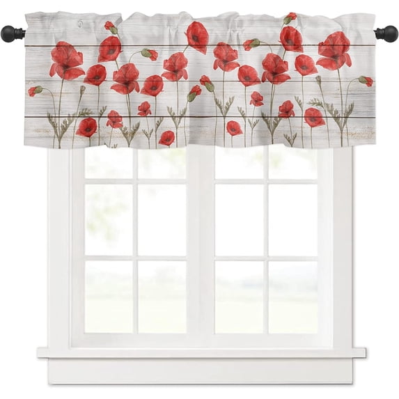 Floral Windows Valances Curtain Red Poppy Flower Kitchen Valances Rod Pocket Watercolor Floral Spring Flower Wood Grain Window Treatment Short Topper Curtains for Kitchen Living Bedroom,54 by 18 inch