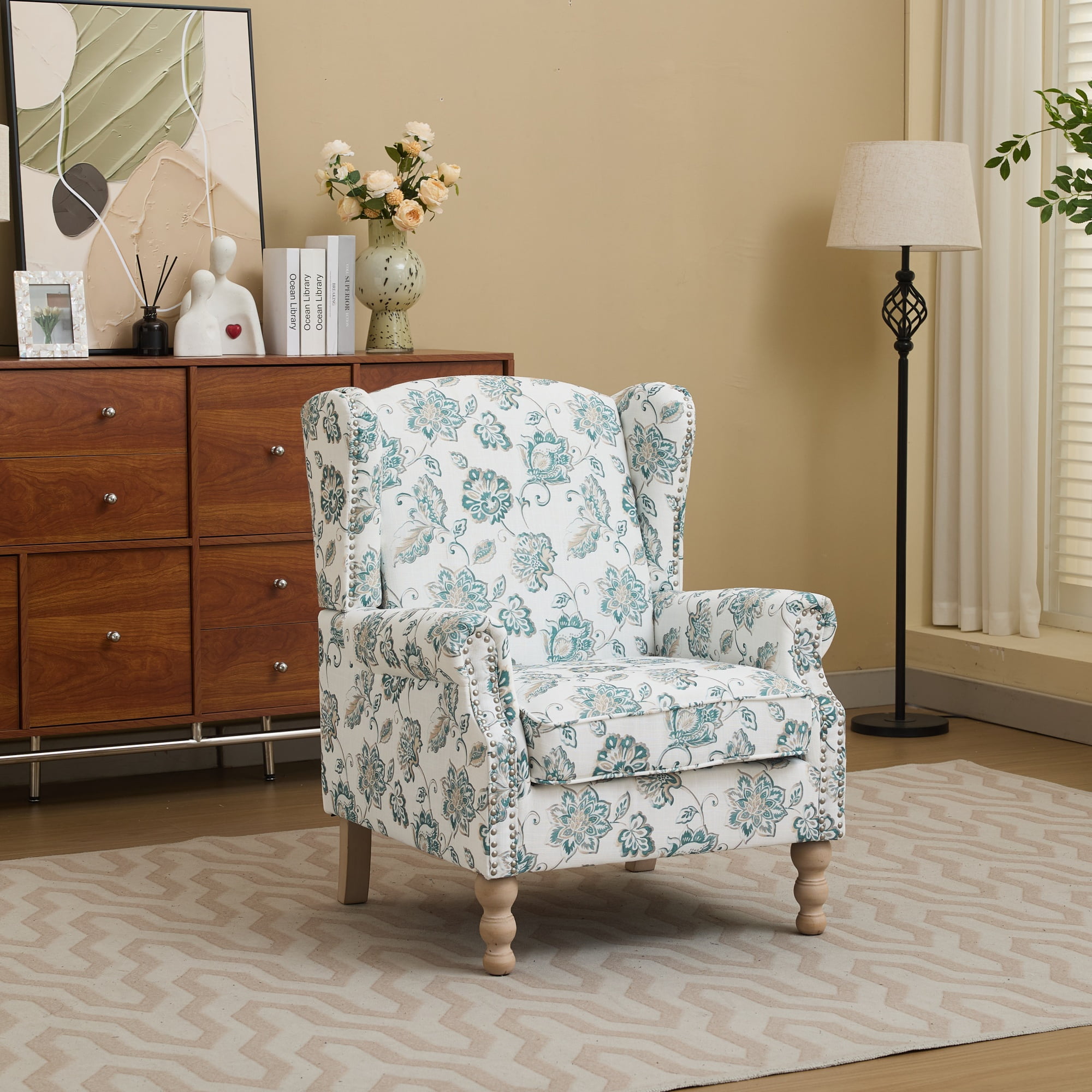 Floral Wingback Accent Chair with Solid Wood Legs and High-Density Sponge, Upholstered Armchair for Living Room and Office, Antique Green