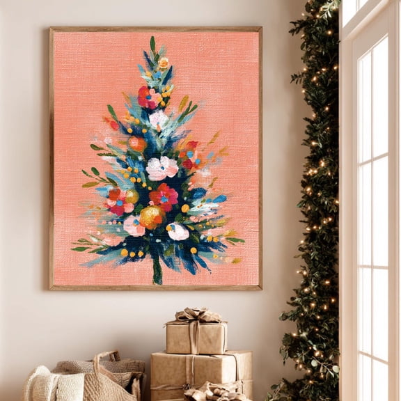 Floral Winter Tree Wall Art Peach Background Home Decor Unframed Paper Print