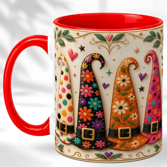 Floral Witch Hats Coffee Mug, Colorful Halloween Mug, Ceramic 11 oz