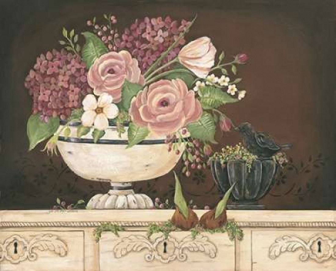 Floral With Black Bird Canvas Art - Jo Moulton (20 x 24)