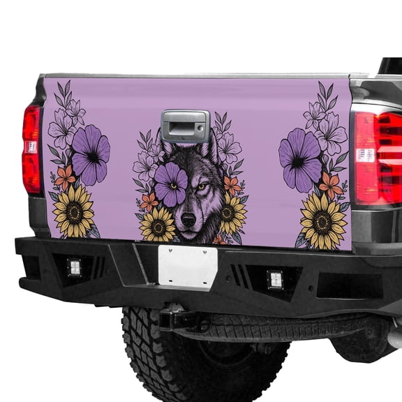 Floral Wolf Tailgate Wrap – Sunflower Wolf Truck Tailgate Decal, Purple Wildflower Rear Gate Vinyl Wrap