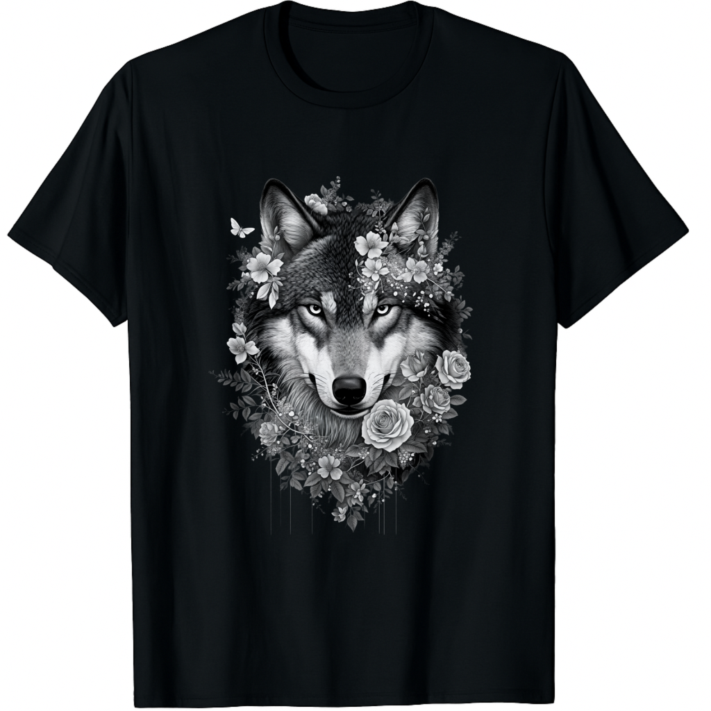 Floral Wolf Vintage Flowers Wolf Face for Wolves Lover T-Shirt for Men ...