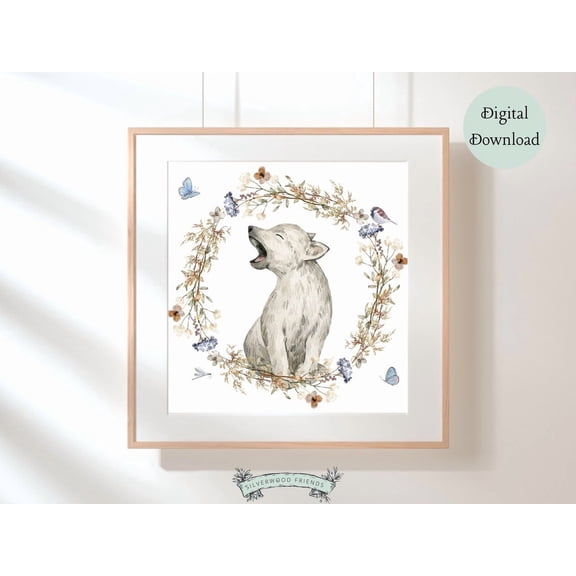 Floral Wolf Wall Art Print Boho Nursery Home Decor