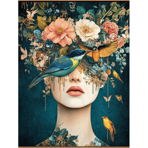 Floral Woman and Birds Decorative Painting/Canvas Art Ideal for Living Room Bedroom Office Dining Room Study Hallway Entryway Gallery Restaurant Hotel and Coffee Shop Decoration.