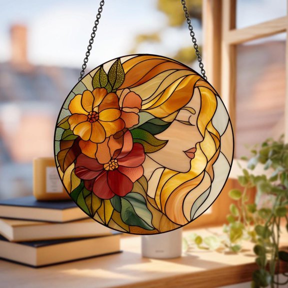 Floral Woman Glass Suncatcher, Feminine Face Window Hanging Art, Elegant Female Portrait Decor, 3.5 in