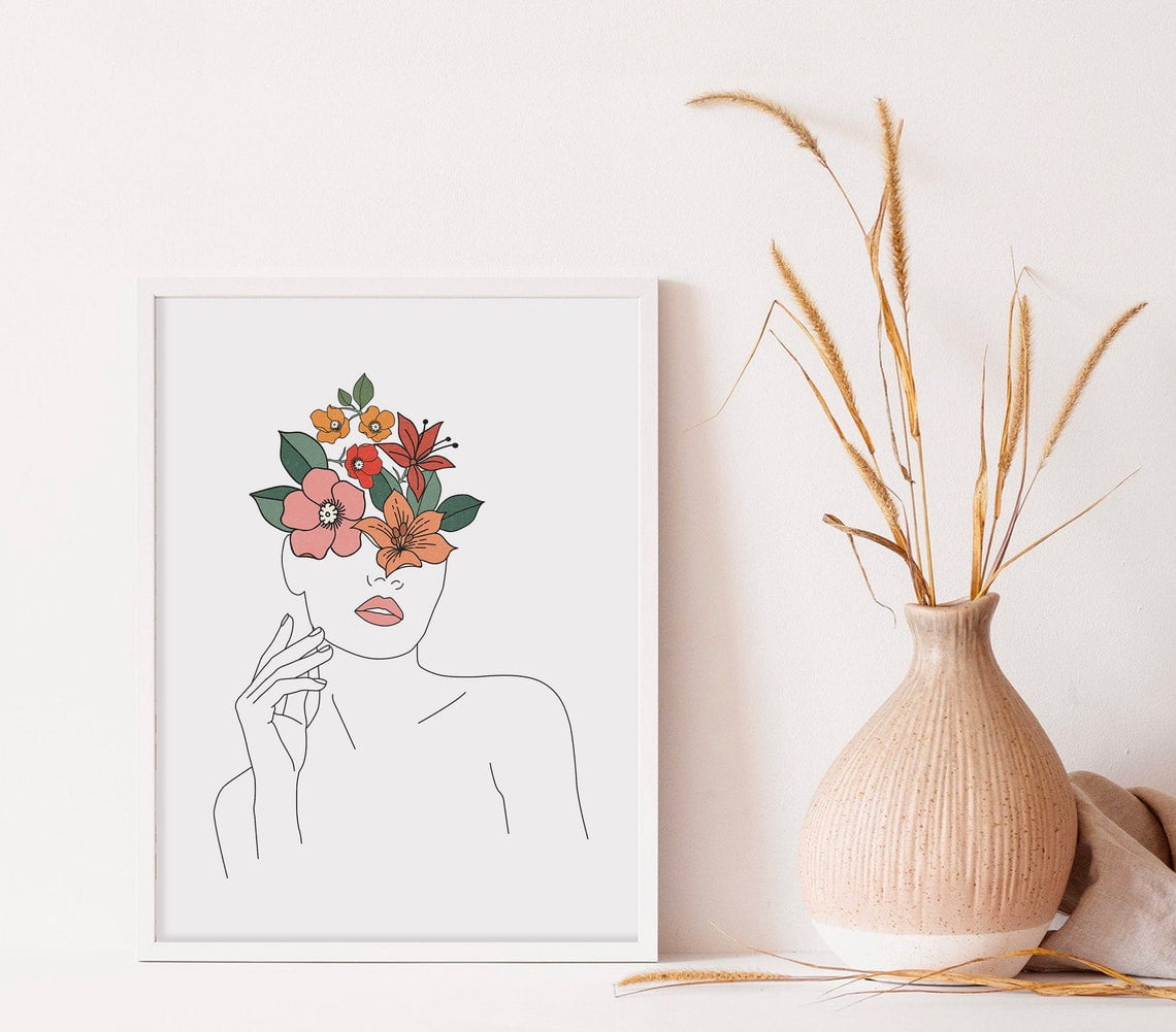 Floral Woman Line Art Print, Black And White Minimalist Poster, Wall ...