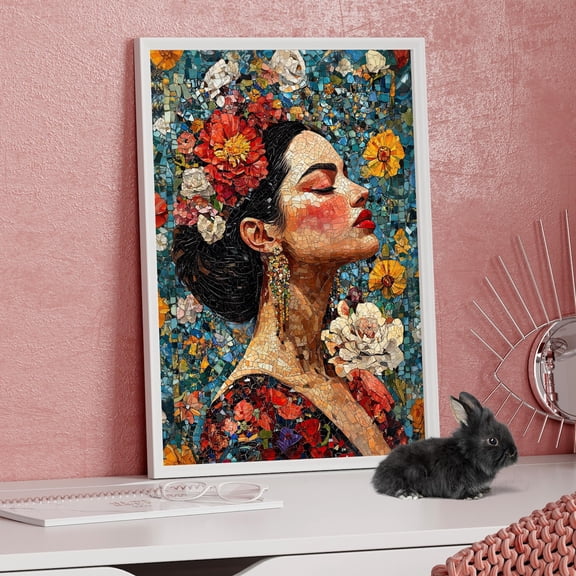 Floral Woman Mosaic Wall Art, Colorful Feminine Portrait Decor, Unframed Paper Print Size 8x12