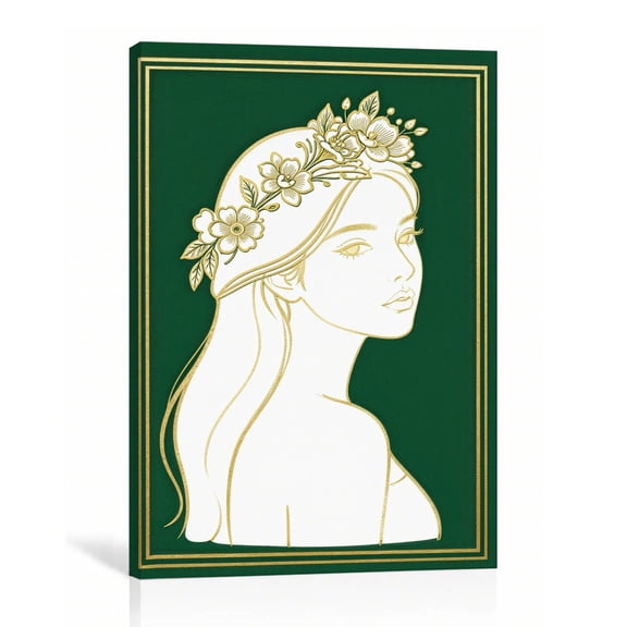 Floral Woman Portrait Gold Green Wall Art Elegant Botanical Gallery Wrapped Canvas Vanity Decor 12"L x 18"W
