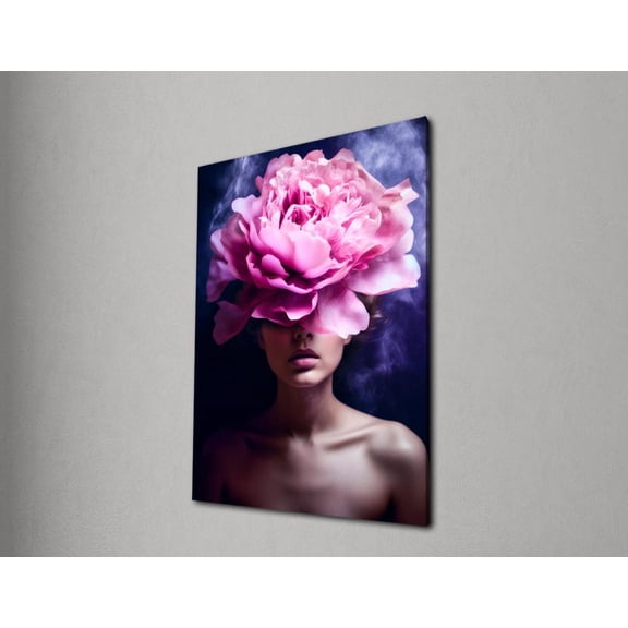 Floral Woman Wall Art, Pink Flower Head, Modern Feminine Portrait, Surreal Dark Decor, Artistic Face Print, Bedroom Wall Decor, Gifts Poster Decor, Size 24x36 UNFFRAMED F03.1.8l1351