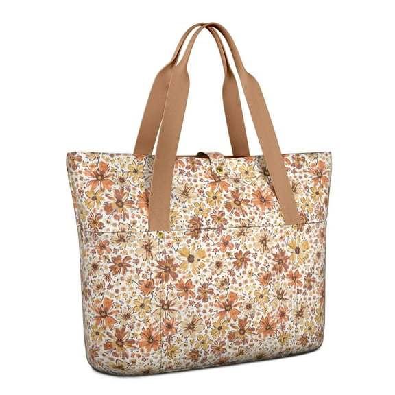 Floral Women's Large Foldable Tote Bag with Zipper - 20L Travel Carryall Shoulder Bag Weekender Handbag for School, Work, Gym, Shopping - Fits 15.6" Laptop, Folds Into Pouch, Brown