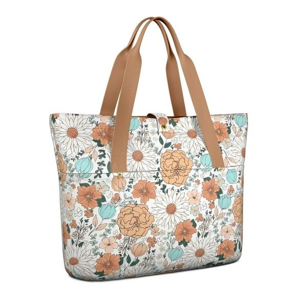 Floral Women's Large Foldable Tote Bag with Zipper - 20L Travel Carryall Shoulder Bag Weekender Handbag for School, Work, Gym, Shopping - Fits 15.6" Laptop, Folds Into Pouch, Brown