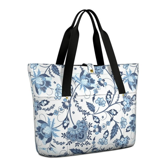 Floral Women's Large Foldable Tote Bag with Zipper - 20L Travel Carryall Shoulder Bag Weekender Handbag for School, Work, Gym, Shopping - Fits 15.6" Laptop, Folds Into Pouch