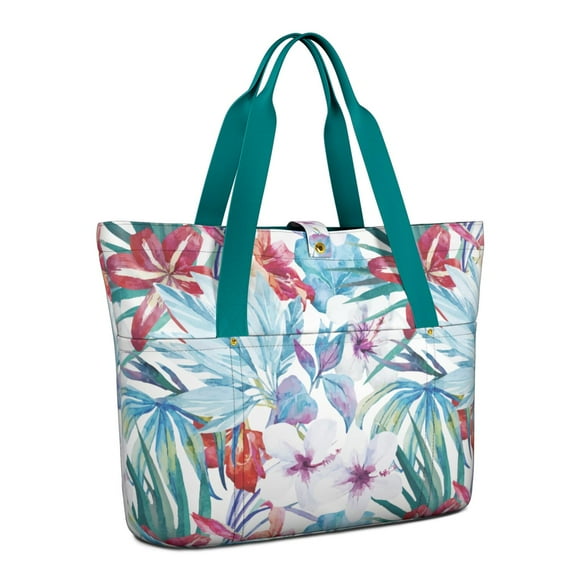 Floral Women's Large Foldable Tote Bag with Zipper - 20L Travel Carryall Shoulder Bag Weekender Handbag for School, Work, Gym, Shopping - Fits 15.6" Laptop, Folds Into Pouch, Green