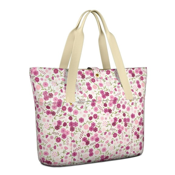 Floral Women's Large Foldable Tote Bag with Zipper - 20L Travel Carryall Shoulder Bag Weekender Handbag for School, Work, Gym, Shopping - Fits 15.6" Laptop, Folds Into Pouch, Purple