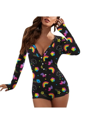 Floral Women's Romper Pajama Sexy Button V Neck Long Sleeve Bodycon  Jumpsuit Cute Onesie Shorts Bodysuit Night Wear