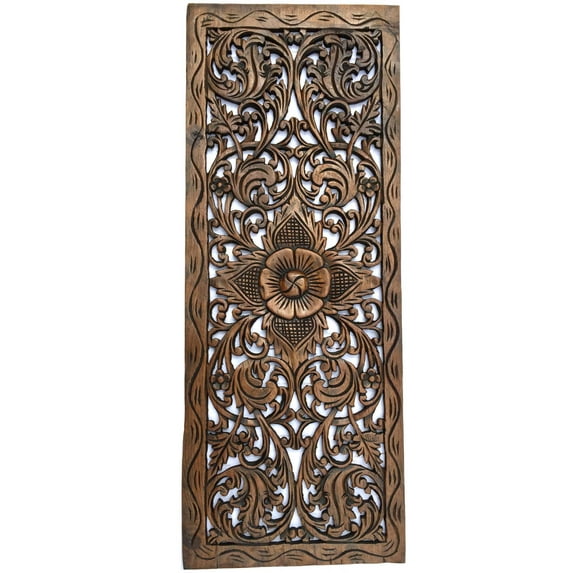 Floral Wood Carved Wall Panel. Decorative Thai Wall Relief Panel Sculpture. Size 35.5"x13.5"Available Color Options