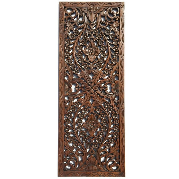 Floral Wood Carved Wall Panel. Wall Hanging. Asian Home Decor. Decorative Thai Wall Relief Panel Sculpture. Large Wood Wall Plaque 35.5"x13.5"x0.5" Color Options Available
