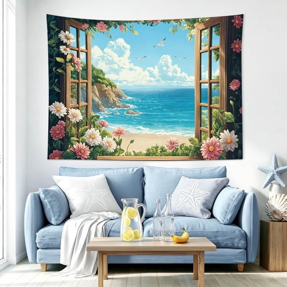 Floral Wooden Window Coast Tapestry, Blush Pink White Daisy Bright Blue Turquoise Ocean Cottage Coastal Wall Hanging for Living Room, Teen Girly Bedroom, Dorm