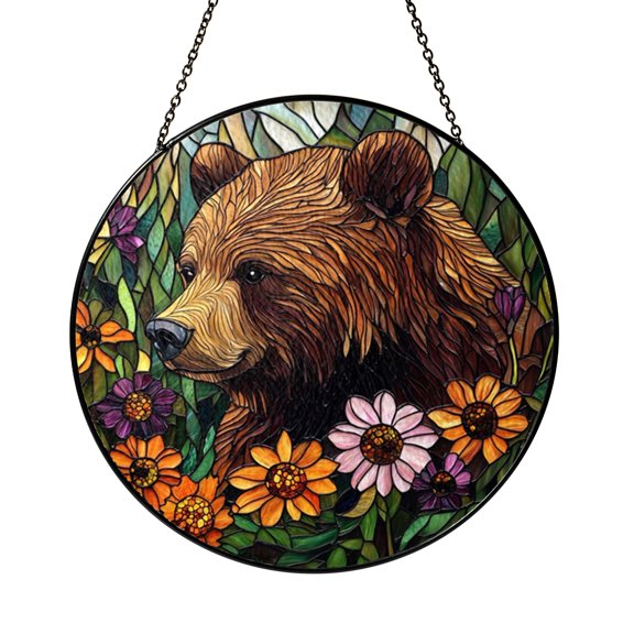 Floral Woodland Bear Stained Glass Window Suncatcher, Cozy Nature Animal Sun Catcher Decoration