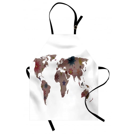 Floral World Map Apron Vintage Earth Surface with Blooms Atlas Bohemian Globe Artistic Display, Unisex Kitchen Bib Apron with Adjustable Neck for Cooking Baking Gardening, Multicolor, by Ambesonne