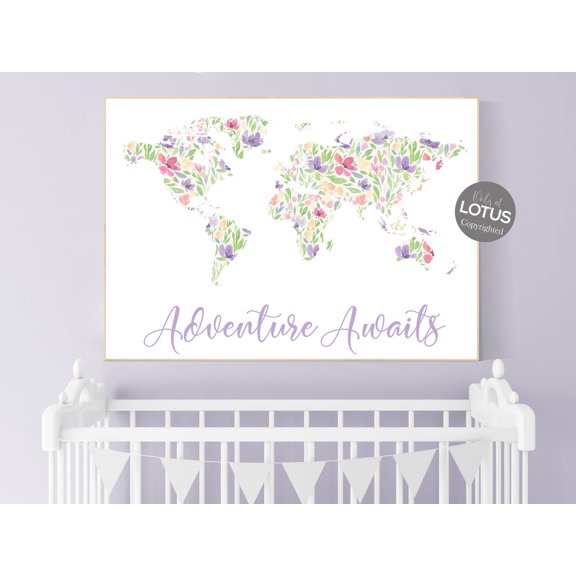 Floral World Map Boho Girl Nursery Decor Wall Art