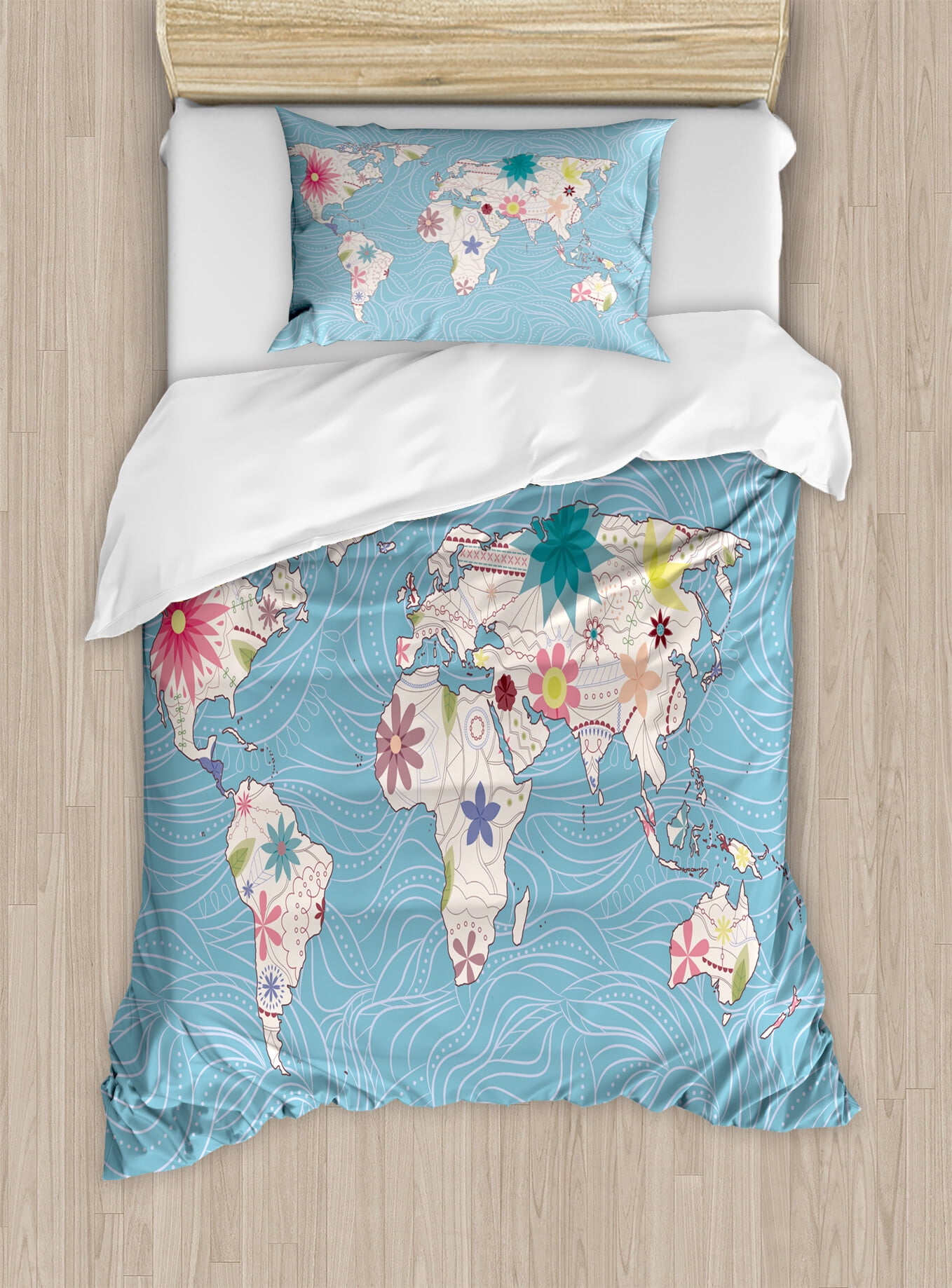 Floral World Map Duvet Cover Set, Blossom Atlas Continents Ecology ...