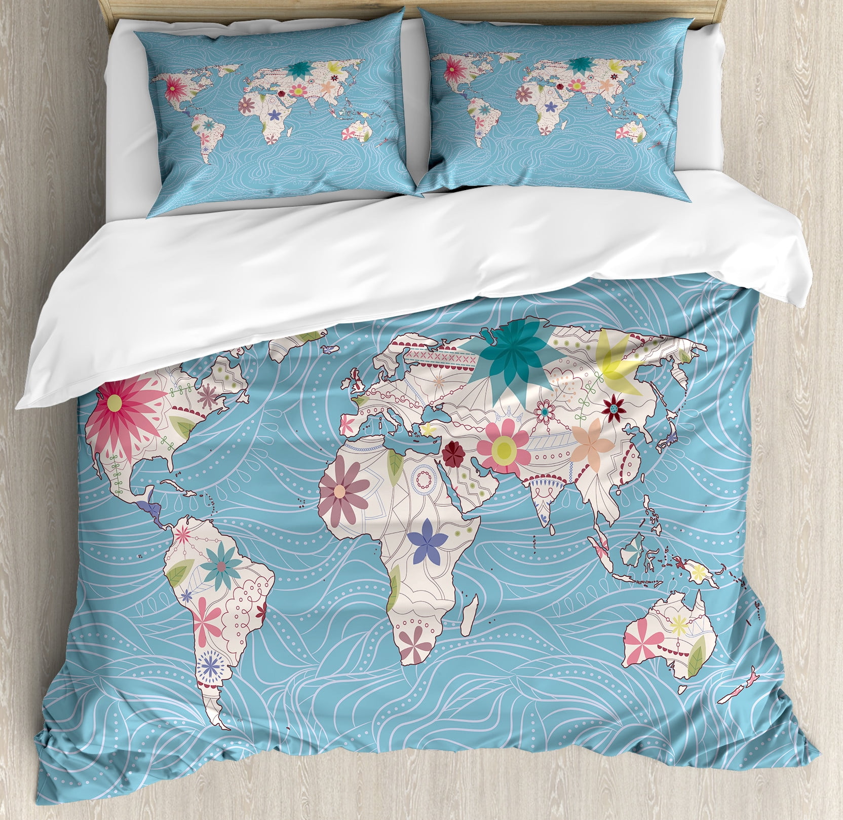 Floral World Map Duvet Cover Set, Blossom Atlas Continents Ecology ...