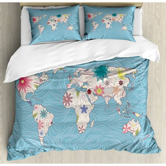 Floral World Map Duvet Cover Set, Blossom Atlas Continents Ecology Peace Nature Design Travel Theme, Decorative 3 Piece Bedding Set with 2 Pillow Shams, Queen Size, Pale Blue White, by Ambesonne