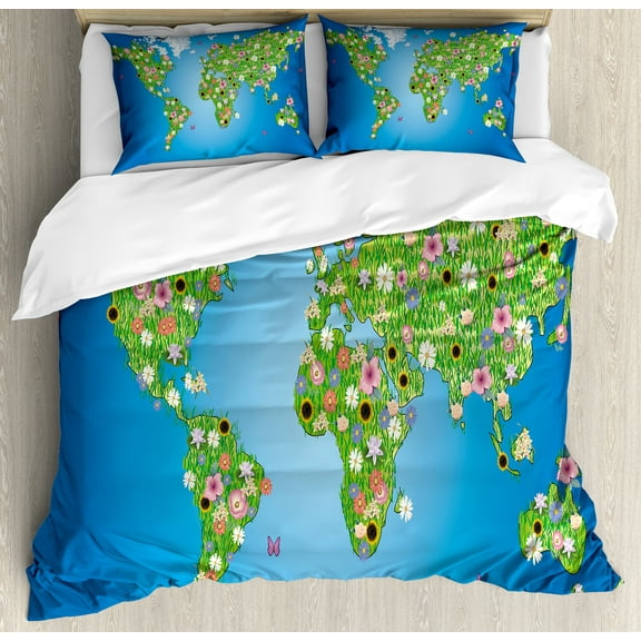 Floral World Map Duvet Cover Set, Daisy Lily Daffodil Poppy Botany Bouquet World Map with Grass Concept, Decorative 3 Piece Bedding Set with 2 Pillow Shams, Calking Size, Lime Green Blue, by Ambesonne