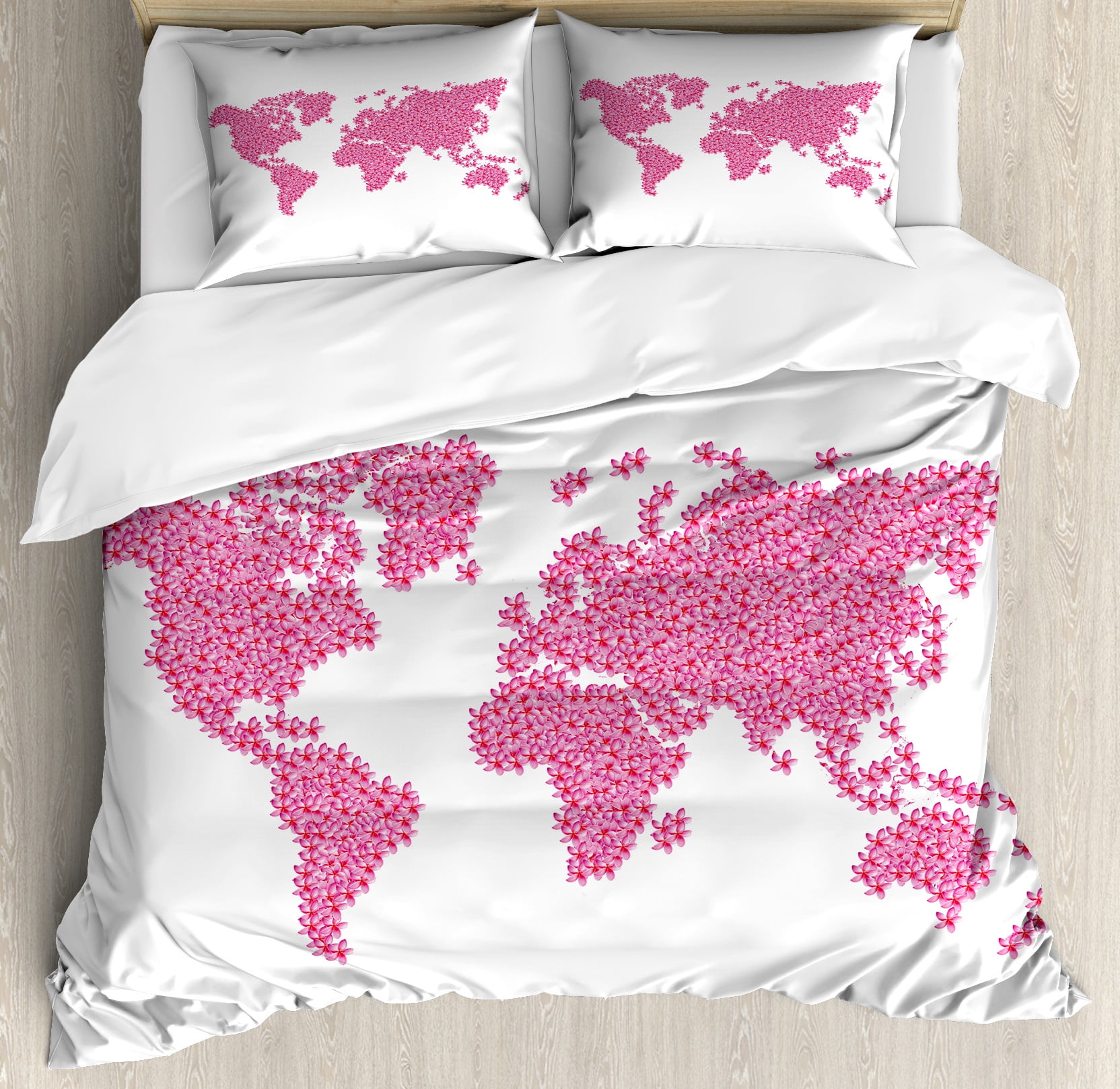 Floral World Map Duvet Cover Set, Earth Surface Spring Season Flower ...