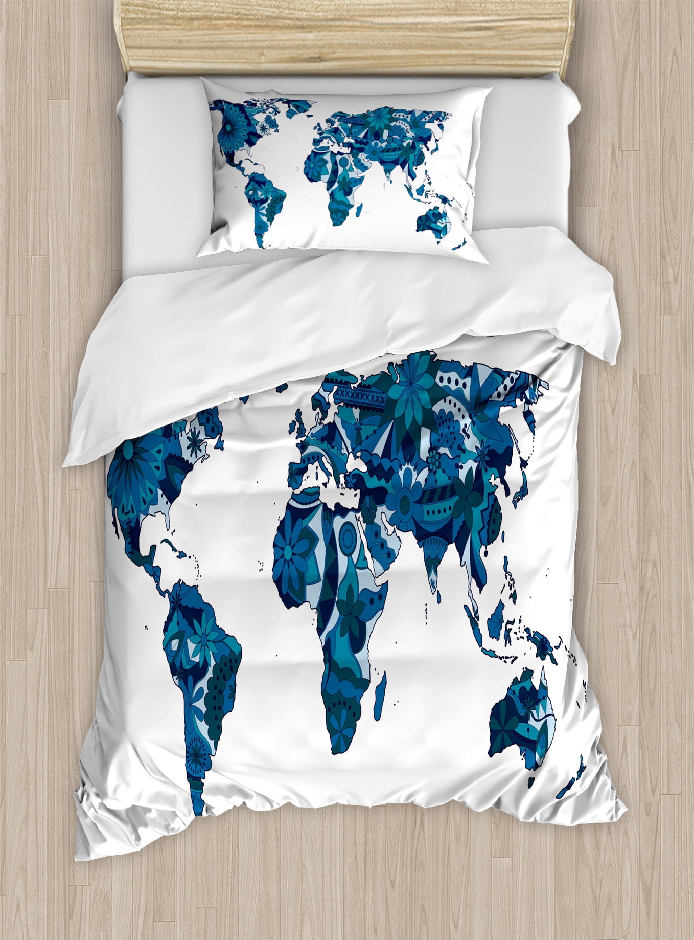 Floral World Map Duvet Cover Set, Flourish Map in Blue Tones Earth ...