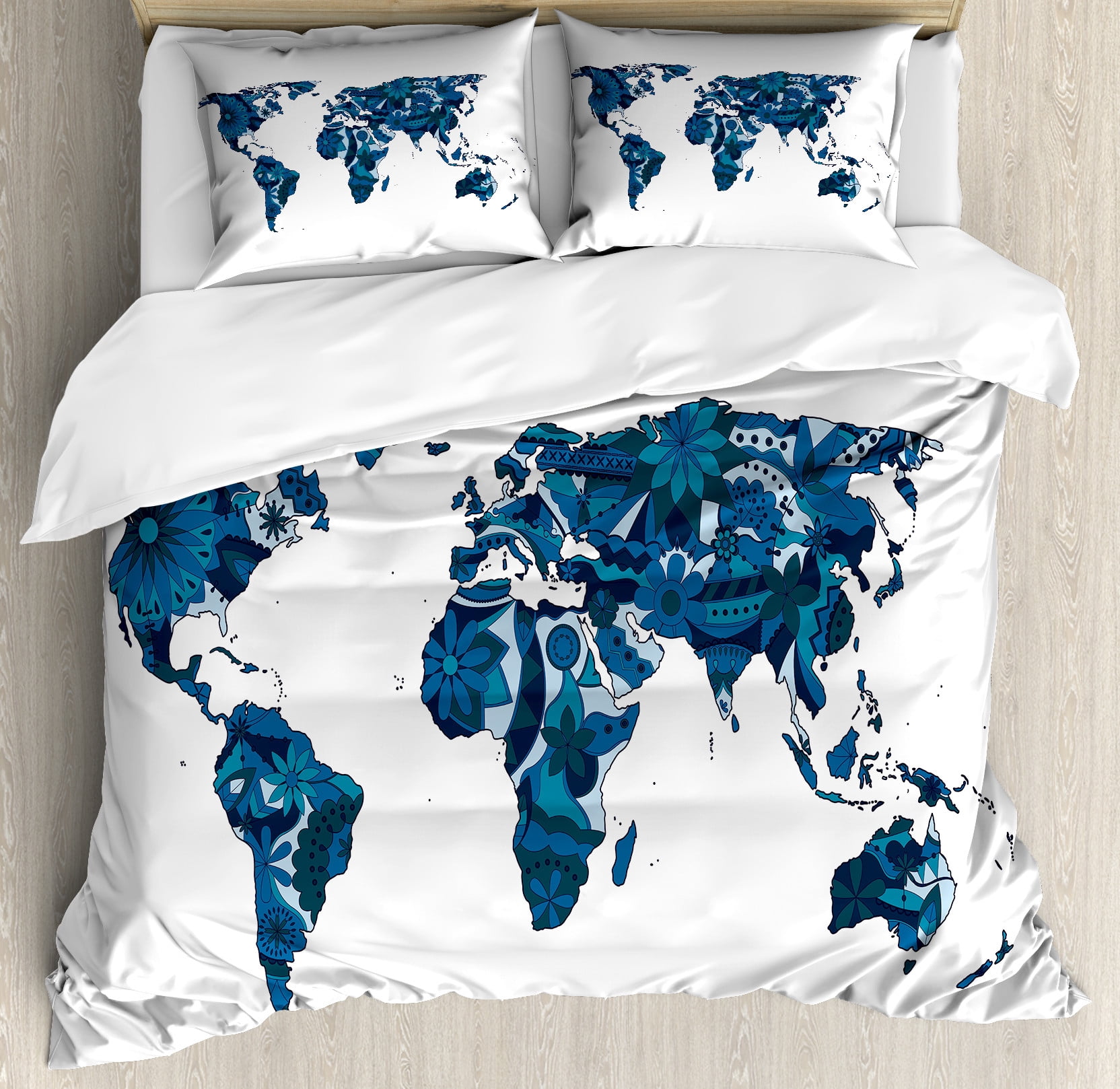 Floral World Map Duvet Cover Set, Flourish Map in Blue Tones Earth ...