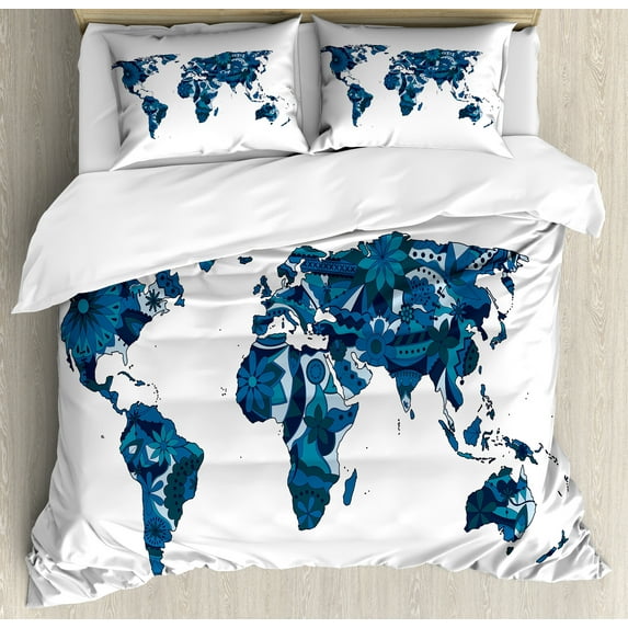 Floral World Map Duvet Cover Set, Flourish Map in Blue Tones Earth Continents with Ornate Eco Plants, Decorative 3 Piece Bedding Set with 2 Pillow Shams, Queen Size, Dark Violet Blue, by Ambesonne
