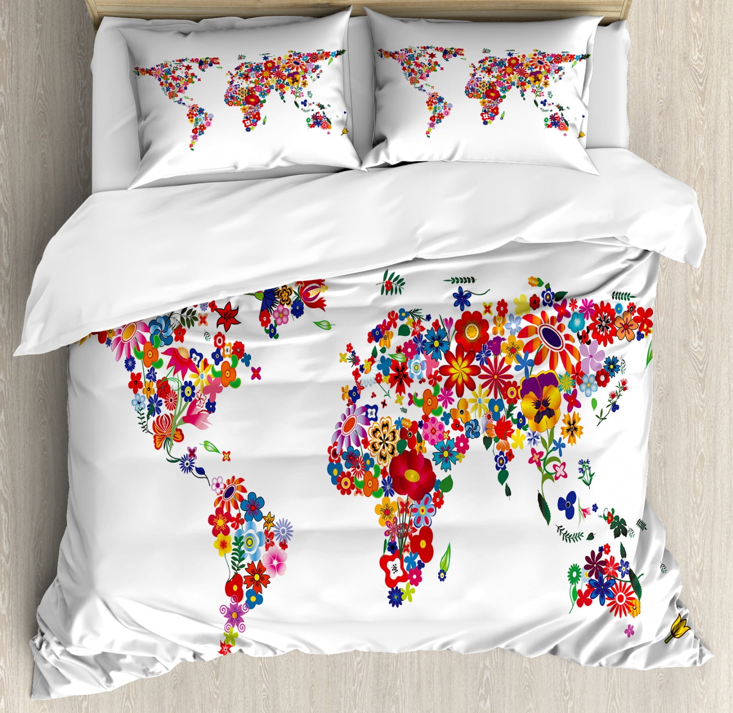Floral World Map Duvet Cover Set King Size, Bunch of Flower Petals ...