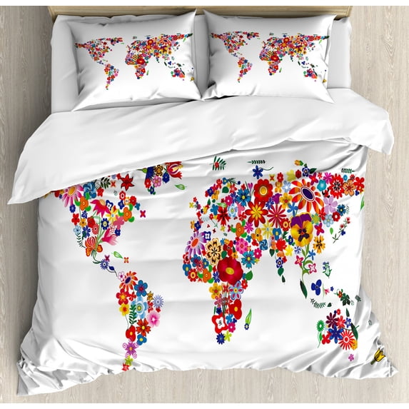 Floral World Map Duvet Cover Set King Size, Bunch of Flower Petals Essence Fragrance Garden Growth Theme Atlas Image, Decorative 3 Piece Bedding Set with 2 Pillow Shams, Multicolor, by Ambesonne