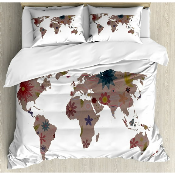 Floral World Map Duvet Cover Set Queen Size, Vintage Earth Surface with Blooms Atlas Bohemian Globe Artistic Display, Decorative 3 Piece Bedding Set with 2 Pillow Shams, Multicolor, by Ambesonne