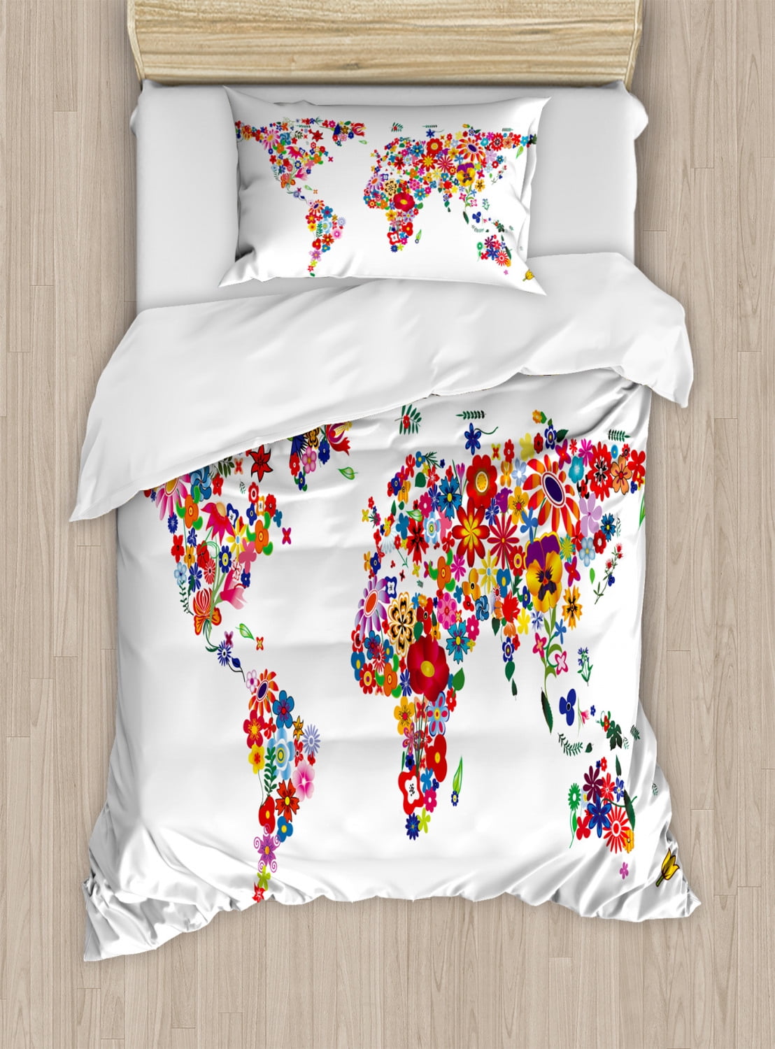 Floral World Map Duvet Cover Set Twin Size, Bunch of Flower Petals ...
