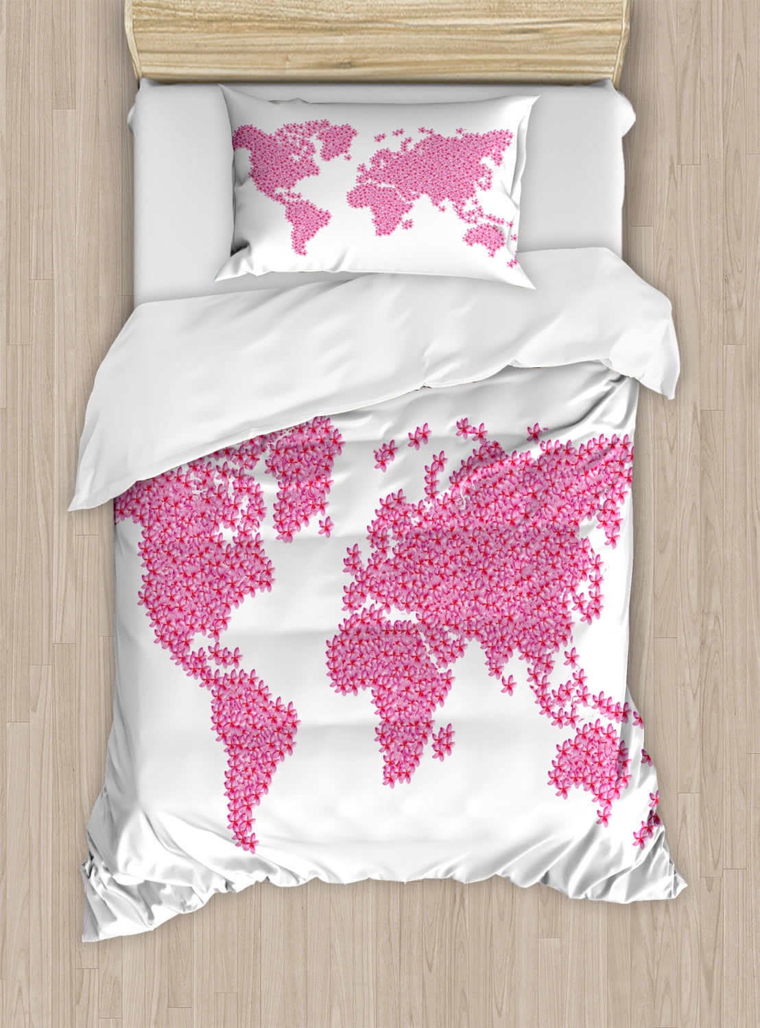 Floral World Map Duvet Cover Set, Earth Surface Spring Season Flower ...