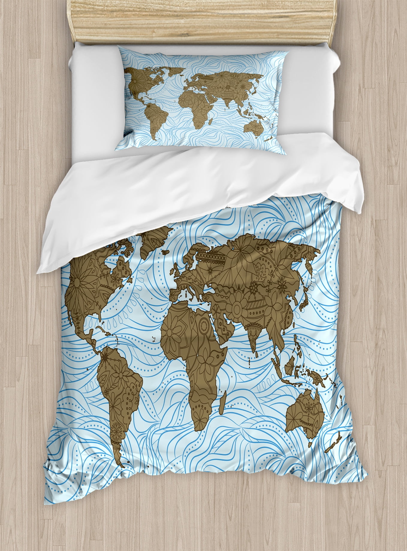 Floral World Map Duvet Cover Set, World Map with Wavy Ocean Lines ...