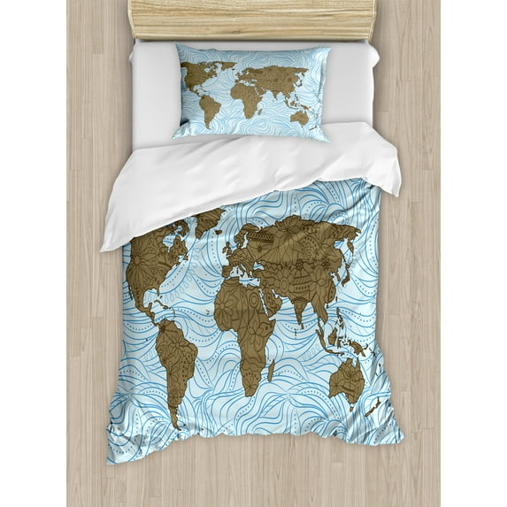 Floral World Map Duvet Cover Set, World Map with Wavy Ocean Lines Flower Continent Image, Decorative 2 Piece Bedding Set with 1 Pillow Shams, Twin Size, Cocoa Pale Blue, by Ambesonne