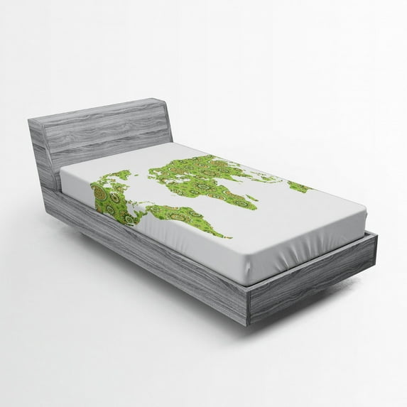 Floral World Map Fitted Sheet, Mandala Inspired Round on Green Color Inspiration, Soft Decorative Fabric Bedding, Twin Size, Lime Green, by Ambesonne