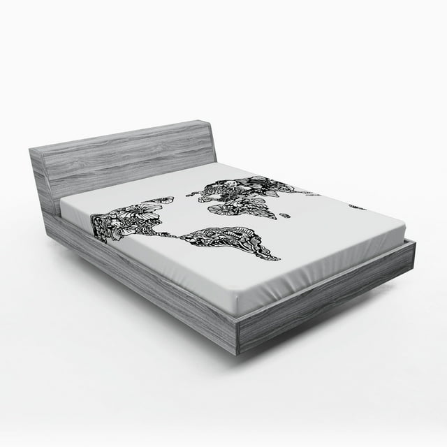 Ambesonne Sketchy Fitted Sheet, Sketch Style Atlas Exotic, Queen Size, White Black