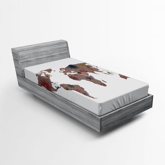 Floral World Map Fitted Sheet, Vintage Earth Surface with Blooms Atlas Bohemian Globe Display, Soft Decorative Fabric Bedding, Twin Size, Multicolor, by Ambesonne