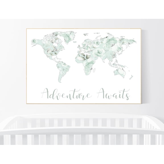 Floral World Map Mint Green Travel Nursery Decor Wall Art