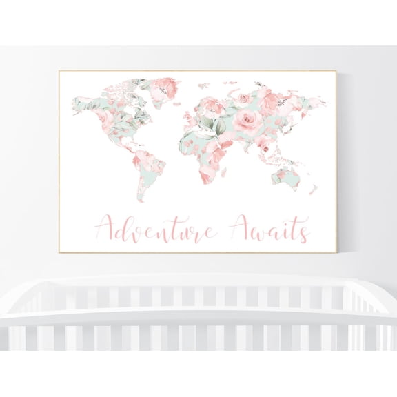 Floral World Map Nursery Print Coral Mint Blush