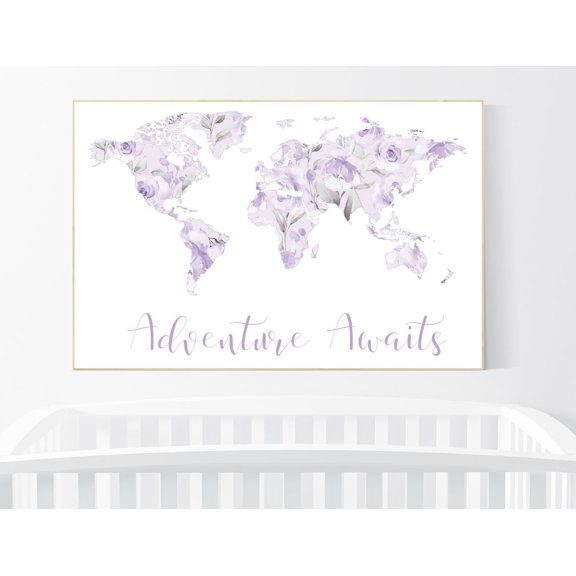 Floral World Map Nursery Purple Lavender Adventure Awaits
